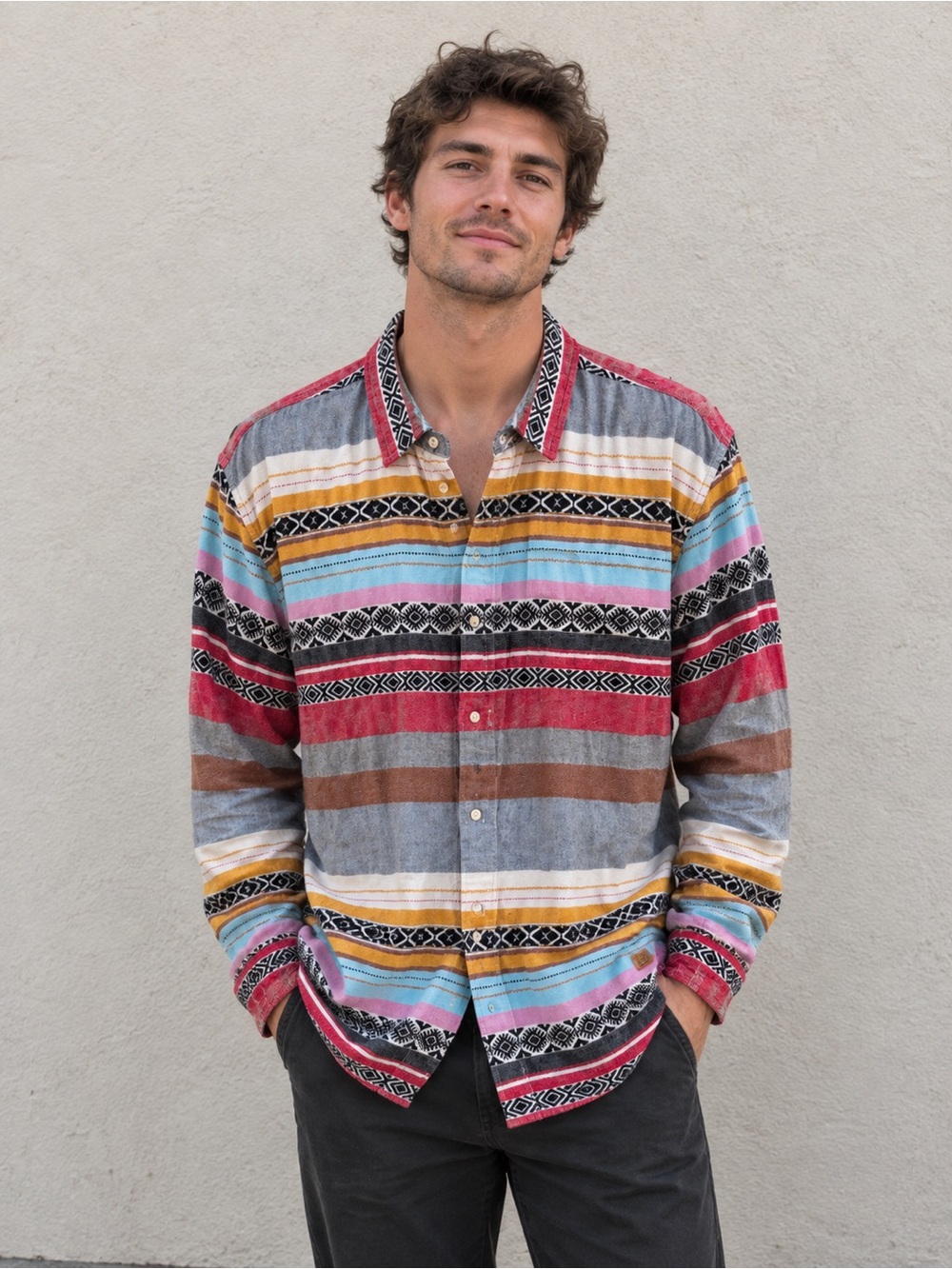 Mens Multicolor Striped Button-Up Shirt